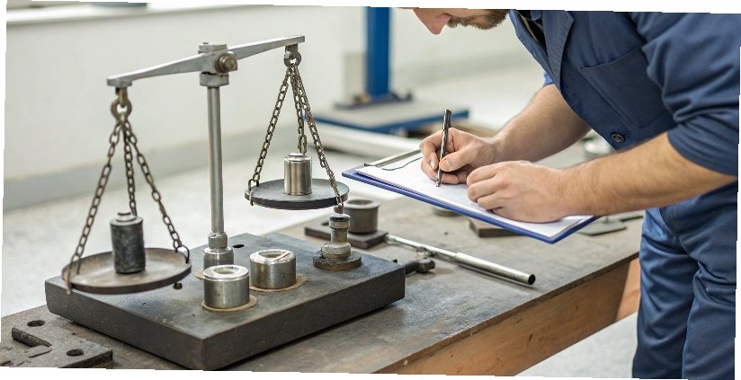 Testing a Scale's Performance A technician using certified calibration weights to test a scale on a workbench, taking notes on a clipboard.