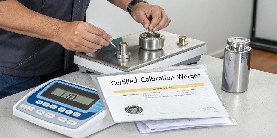 Calibrating a Counting Scale A technician placing a certified calibration weight onto a counting scale next to a calibration certificate.