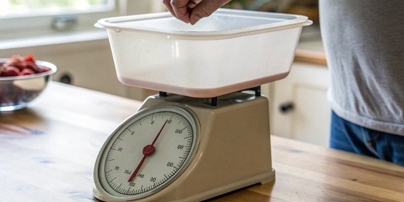 Tare memory loss A scale being turned back on with a container on it, now showing the container's weight instead of zero