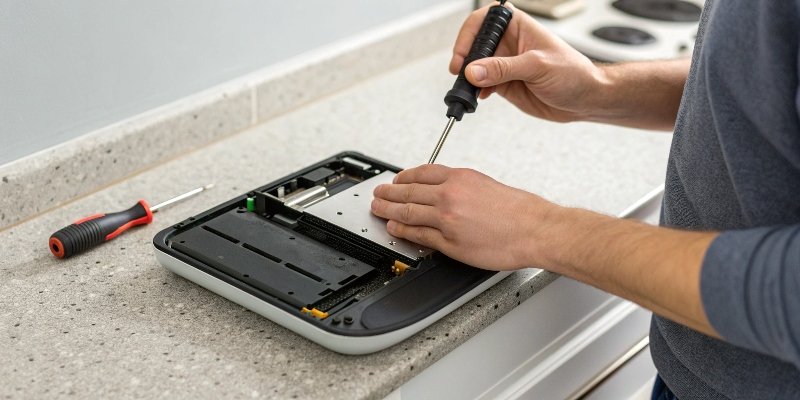 Scale Won't Turn On A person checking the battery compartment of a digital scale.