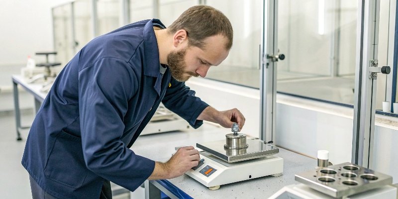 A technician using certified calibration weights to test and adjust an industrial scale.