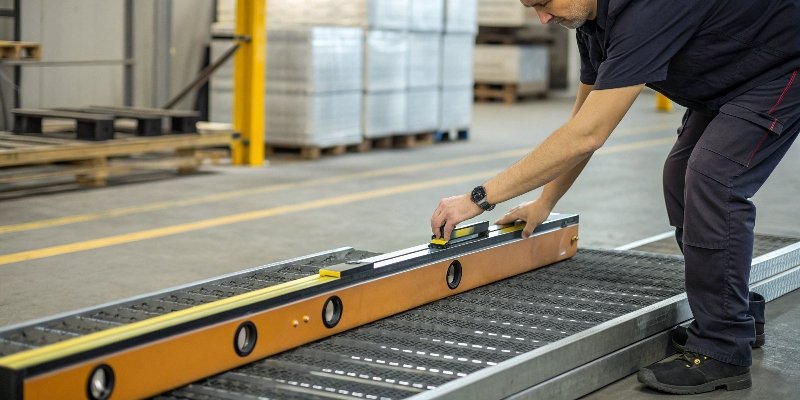 A person checking the spirit level bubble on an industrial scale