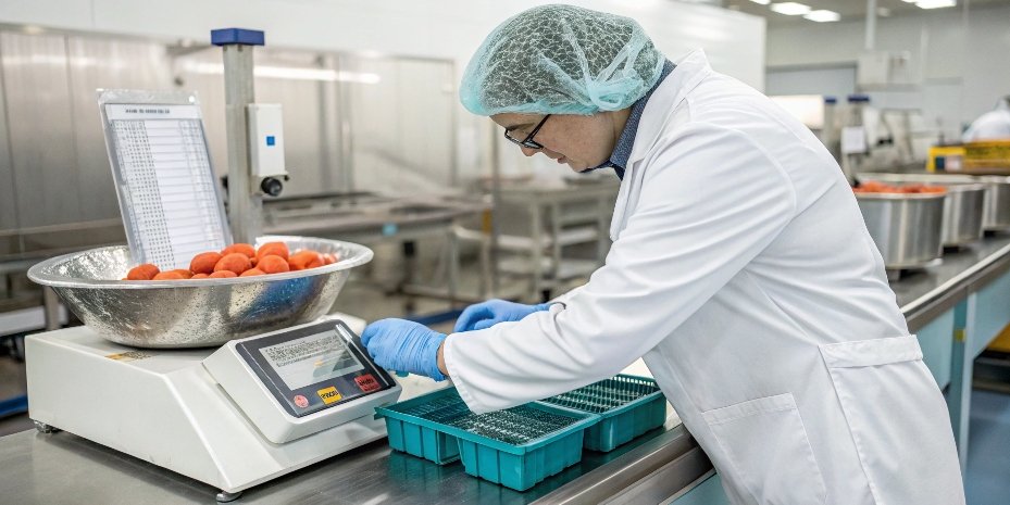 FDA Scale Accuracy Requirements in Food Production A worker using a bench scale to weigh ingredients for a food product, with a focus on hygiene and accuracy.