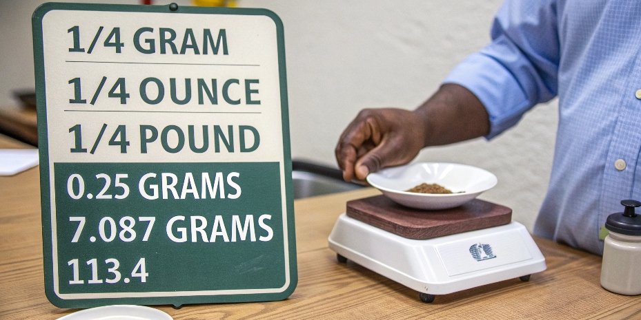 Comparison of different 1/4 weight units A chart comparing the weight of 1/4 gram, 1/4 ounce, and 1/4 pound