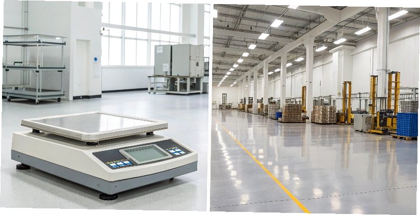 Right Scale for the Job Two contrasting environments: a clean laboratory and a rugged industrial warehouse, each with a suitable scale.