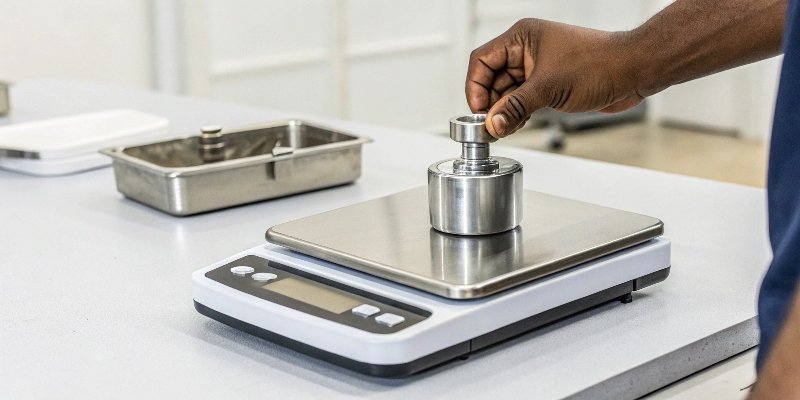 A certified calibration weight being placed on a digital scale.