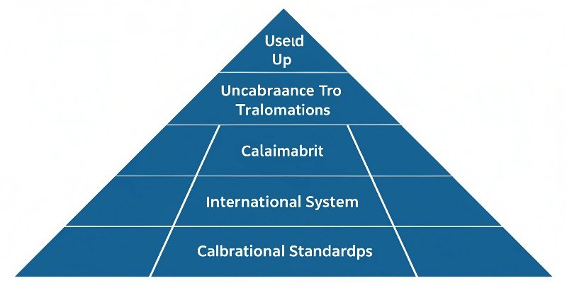 A diagram of a traceability pyramid, showing the hierarchy from a user's instrument up to the International System of Units (SI).