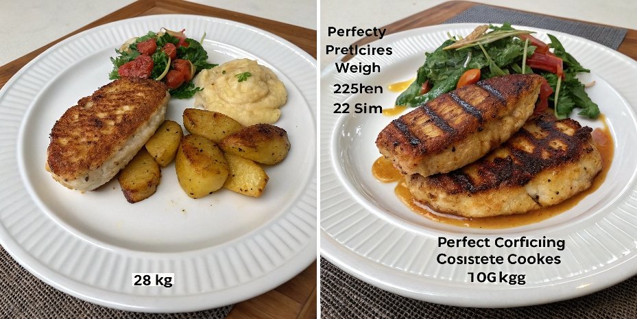 Consistent Results from Weighing Ingredients Two plates side-by-side with identical, perfectly cooked meals on them