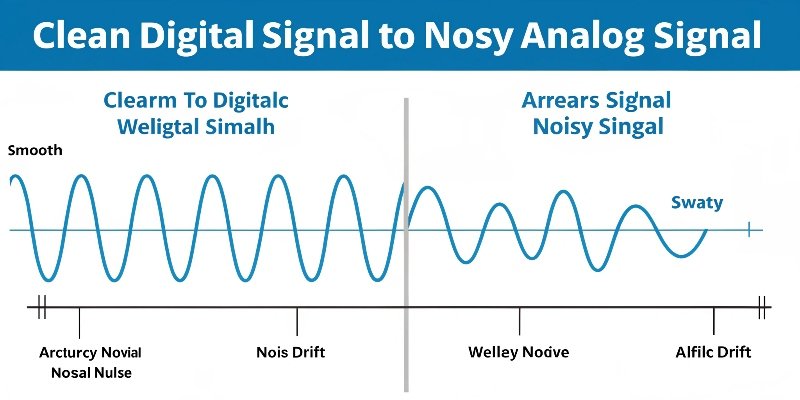 Digital vs Analog Signal Accuracy An infographic showing a clean digital signal vs a noisy analog signal