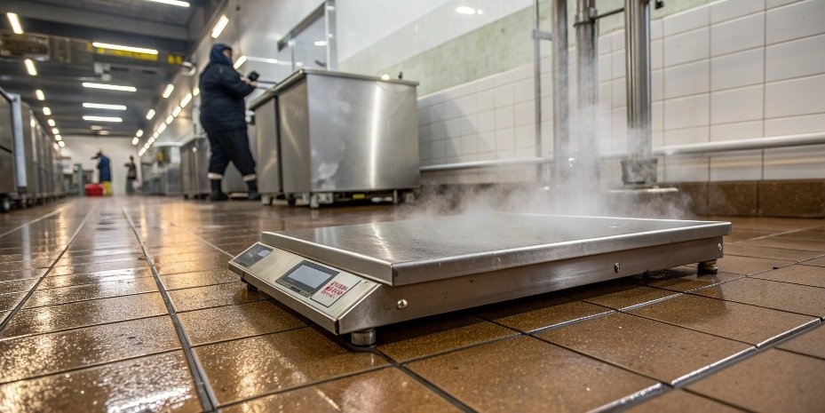alt text: A stainless steel, IP-rated industrial scale being used in a wet and humid food processing facility.
