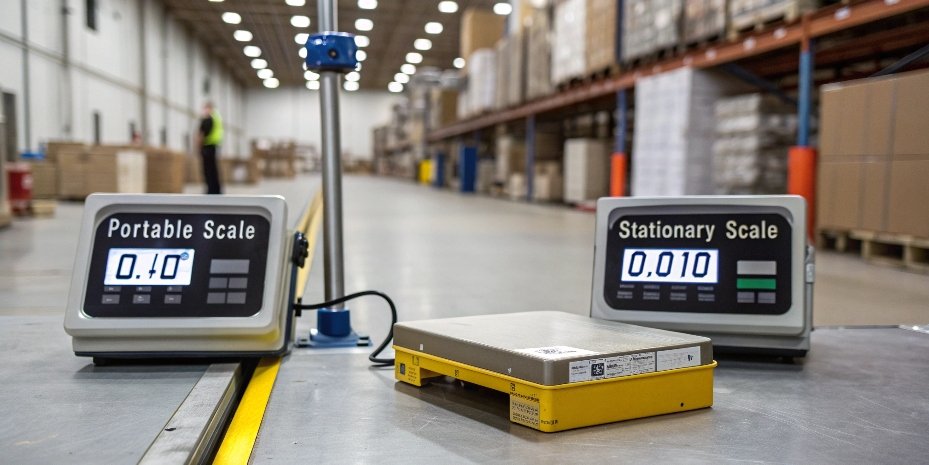 Portable vs. Plug-in Counting Scales A portable scale being used in a warehouse aisle next to a stationary plug-in scale on a workbench