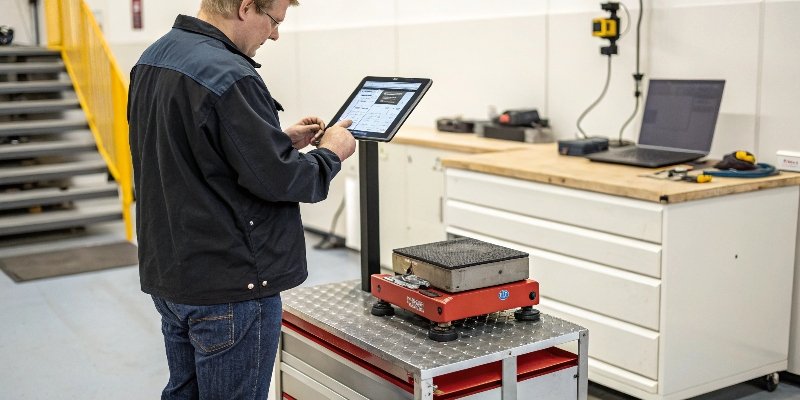 DIY Scale Calibration A person confidently following instructions on a tablet to calibrate their own industrial scale.