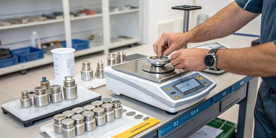 Calibrating a scale with standard weights A technician using standard calibration weights on a digital scale