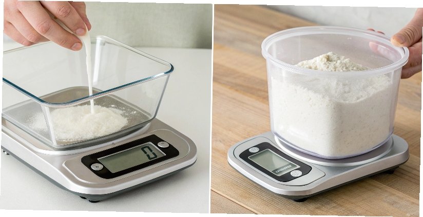 When to Zero vs When to Tare A split image showing an empty scale being zeroed and a scale with a container being tared