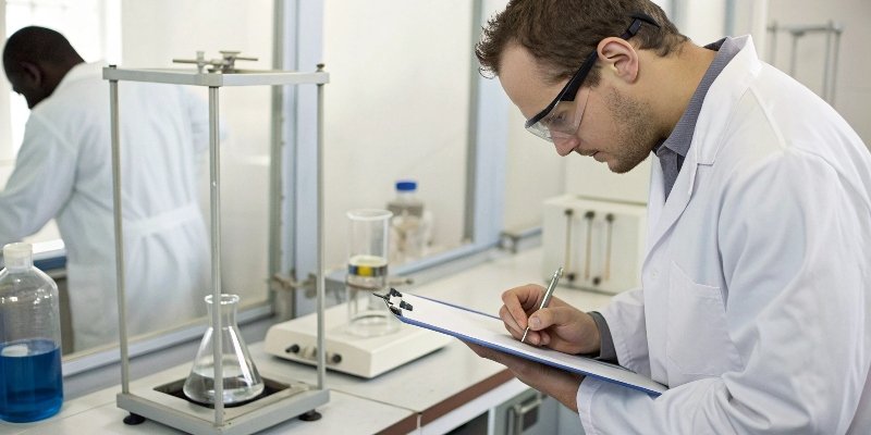 Troubleshooting a Lab Scale A technician troubleshooting a laboratory scale with a checklist