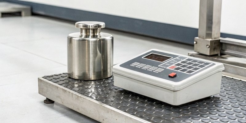 A certified calibration weight set next to an industrial scale