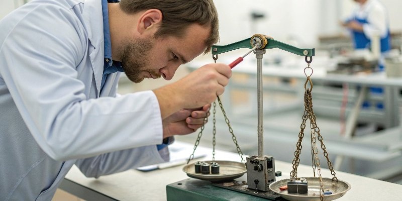 A technician inspecting the internal components and sensor of a weighing scale
