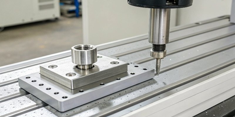 A high-precision industrial scale measuring a small metal part