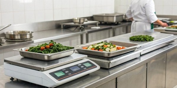 Certified Food Scales for Commercial Use A collection of certified food scales in a clean, professional kitchen setting