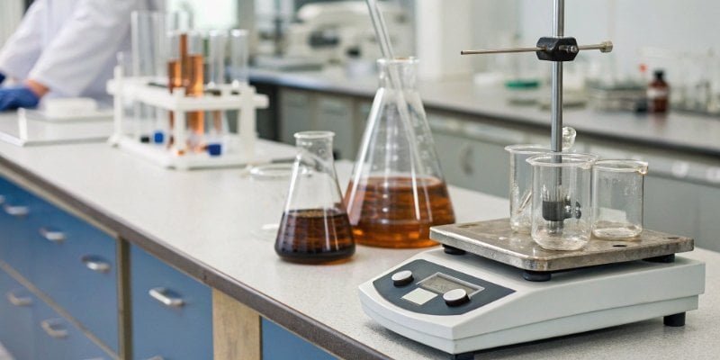 Top-Loading Balance Used in a Laboratory Setting A top-loading balance on a lab bench next to chemical beakers.