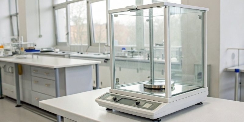 Analytical Balance Draft Shield An analytical balance in a lab with its glass draft shield closed.