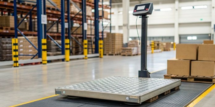 Scale Error Message An industrial floor scale displaying an error message in a warehouse setting.