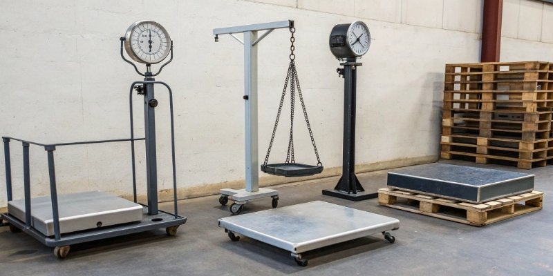 A collection of different industrial scales like platform scales, bench scales, and hanging scales