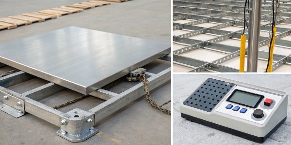 Factors to Consider When Buying an Industrial Scale A collage of different industrial scale components like a stainless steel platform, a digital indicator, and a load cell.
