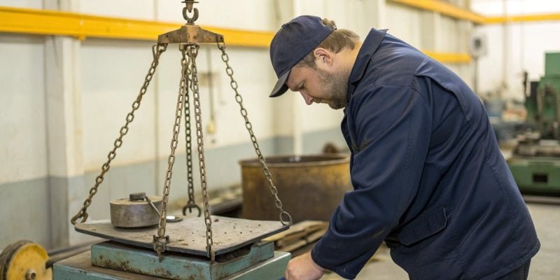 A technician comparing a broken industrial scale to a new one.
