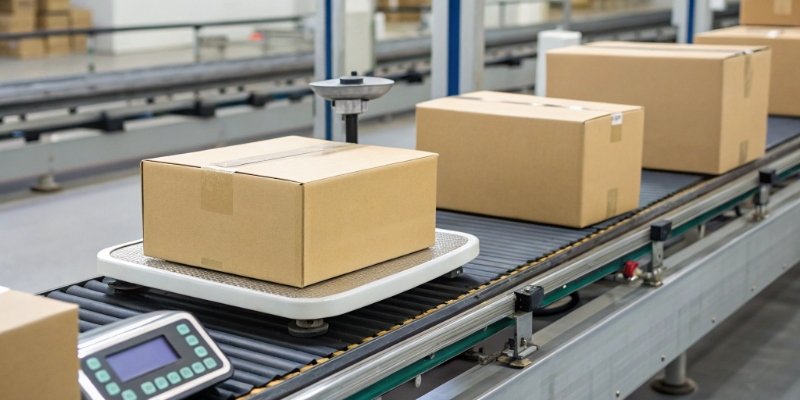 A dynamic scale weighing boxes on a conveyor belt