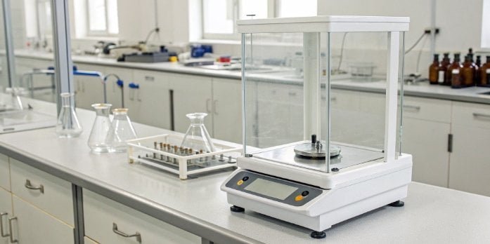 An analytical balance with a draft shield on an anti-vibration table in a lab setting.