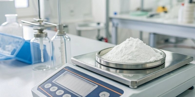 Ultra Precision Scales in Pharmaceutical Lab A close-up of a high-precision lab scale weighing a small amount of white powder in a pharmaceutical setting.