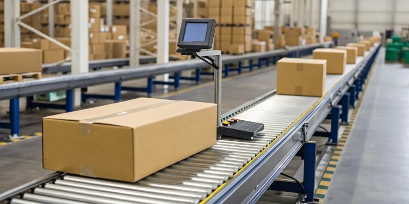 An integrated industrial scale weighing packages on a conveyor belt in a busy warehouse