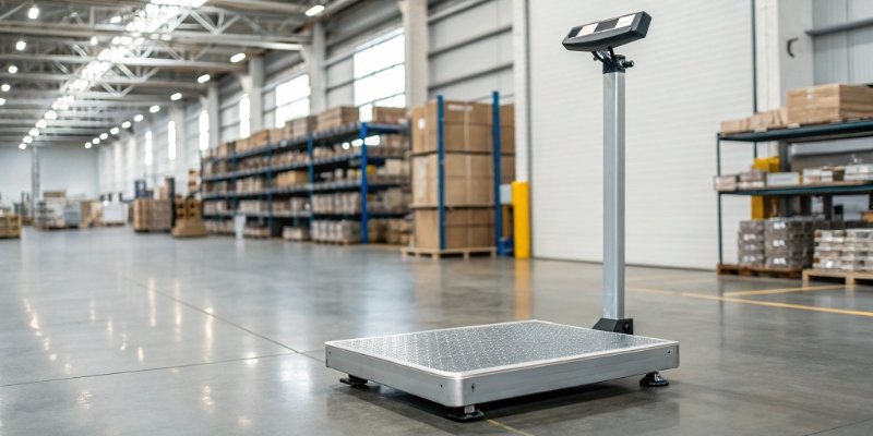 Industrial Weighing Scale Maintenance Guide A modern industrial floor scale in a clean warehouse environment