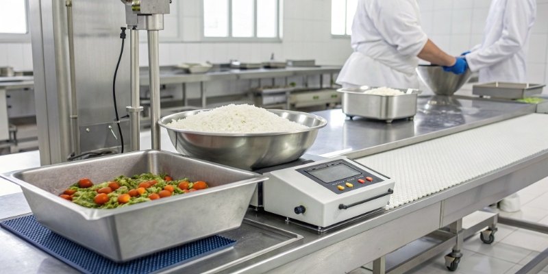 Tare Function on an Industrial Scale A high-precision industrial scale being used in a clean food production environment