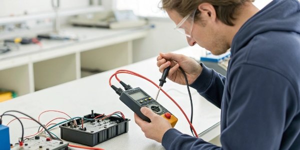 Finding a load cell's sensitivity. A person examining a load cell's wiring with a multimeter.