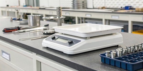 Different Types of Industrial Scales A collection of different industrial scales in a warehouse setting