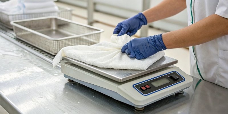 Protecting Digital Scale from Water A digital scale being carefully wiped down with a cloth in a clean, industrial setting