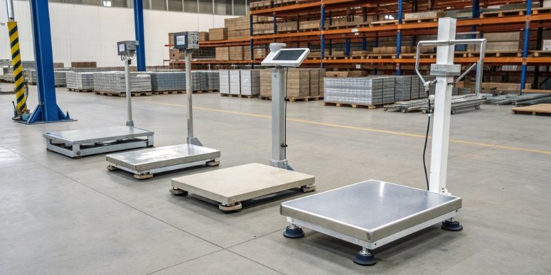 Various Types of Industrial Scales A collection of different industrial scales in a warehouse setting