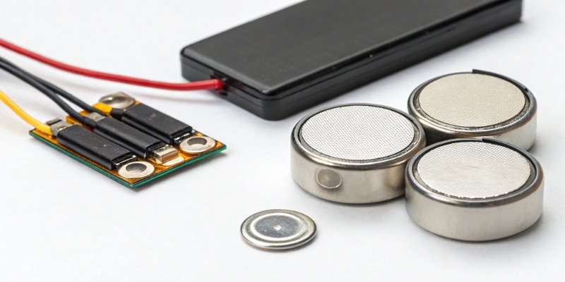 Digital Scale Battery Types A close-up of different types of batteries for digital scales, like AA, CR2032, and a lithium-ion pack.