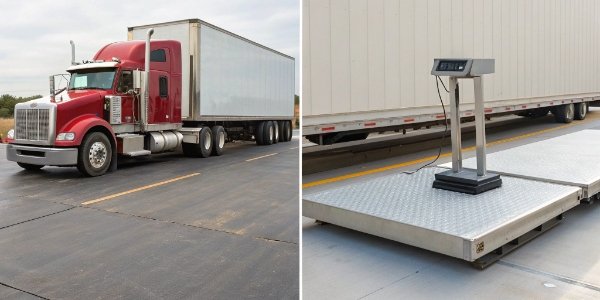 Fundamental Difference: Weighbridge vs. Bench Scale A large truck weighbridge on the left and a compact bench scale on a table on the right