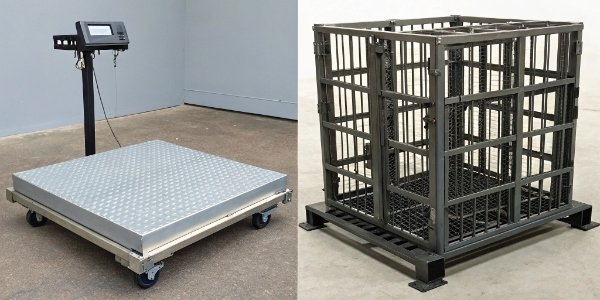 Platform Scale vs. Crate Scale Comparison An industrial platform scale next to a livestock crate scale