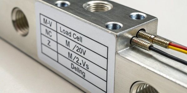 A close-up of a load cell specification label highlighting the mV/V rating.