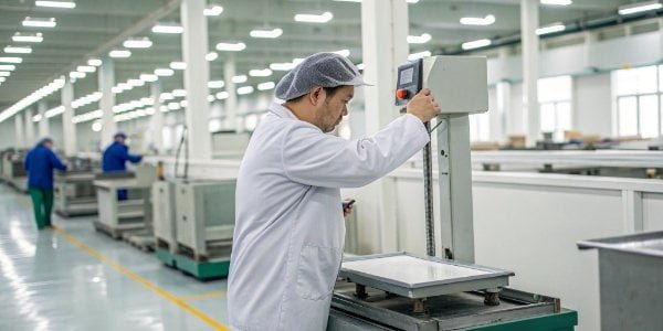 An industrial scale being calibrated by a technician in a clean factory setting