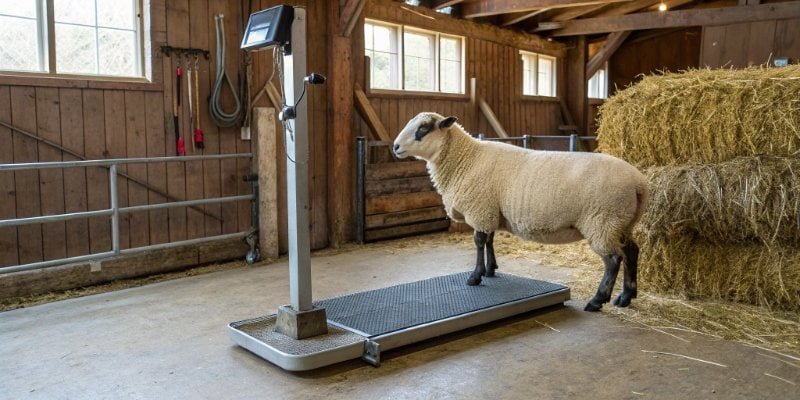 a sheep standing on a digital livestock platform scale in a barn