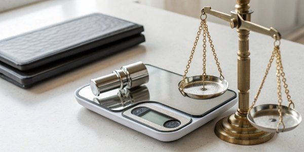 Correct Digital Scale Calibration Setup A digital scale on a level surface with a calibration weight next to it.