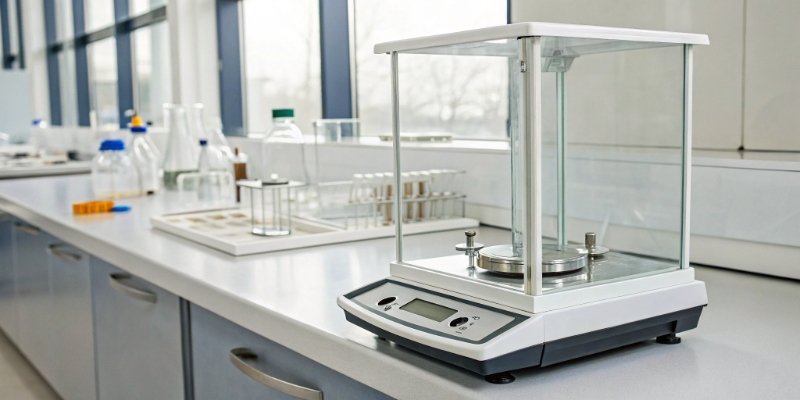 Choosing a cost-effective lab balance A modern analytical laboratory balance with a draft shield on a clean lab bench