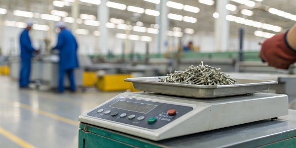 Industrial Counting Scale for Production A close-up of an industrial counting scale with a pile of small screws on the platform