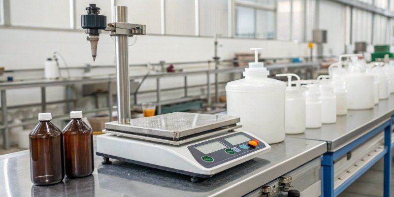 High-Precision Scale for Chemical Manufacturing A high-precision laboratory scale in a chemical manufacturing setting