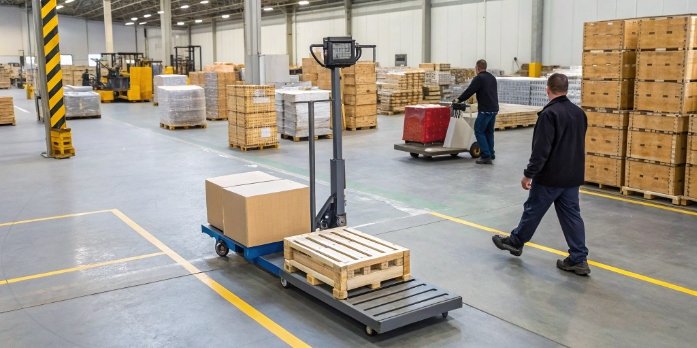 A busy warehouse with various industrial scales in use, including a floor scale and a pallet jack scale.